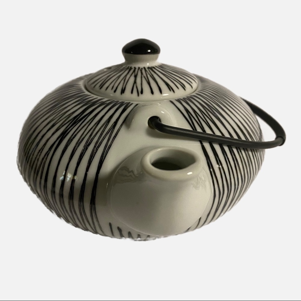 Pier 1 Alkina Vintage Black White Hand Painted Porcelain Teapot Wire Handle